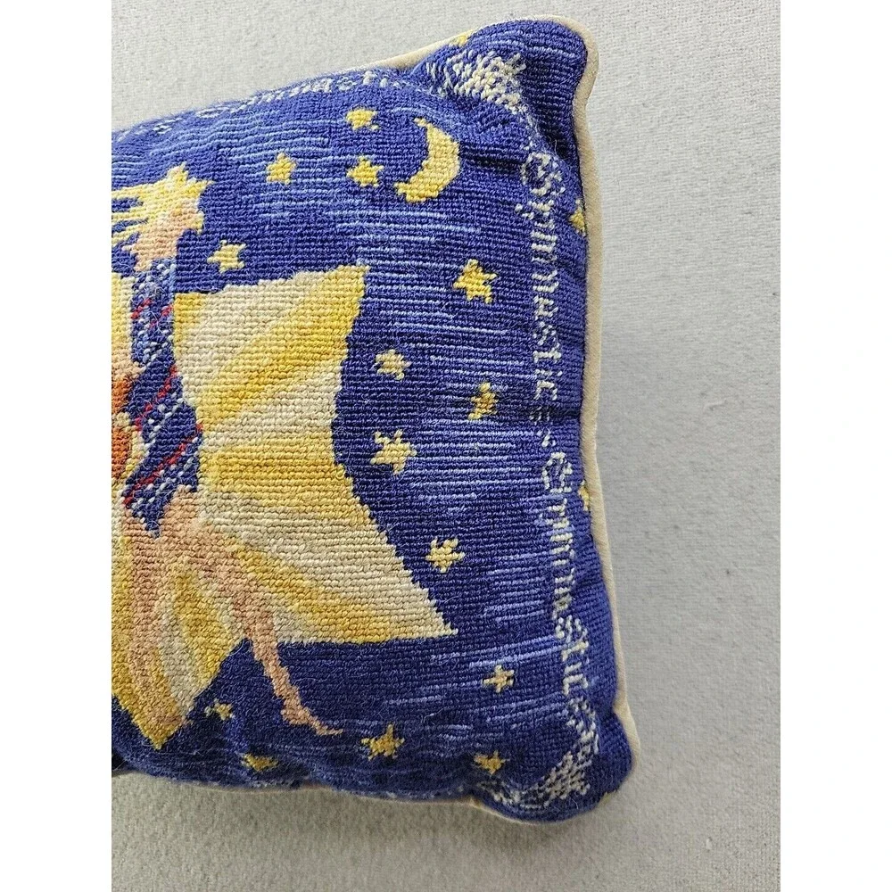 Gymnastics Needlepoint Pillow Shooting Stars Moon Velvet Back Blue Yellow 9